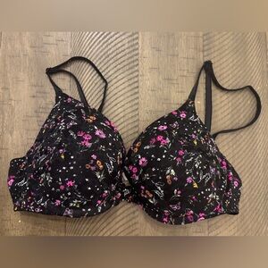 Pink by Victoria Secret Black Push-up Bra with Pink Floral Flower Pattern|34C